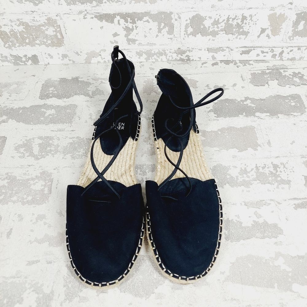 New Eileen Fisher Leather Lace Up D'Orsay Espadrille Black Flat Sandals F590 - Picture 10 of 12